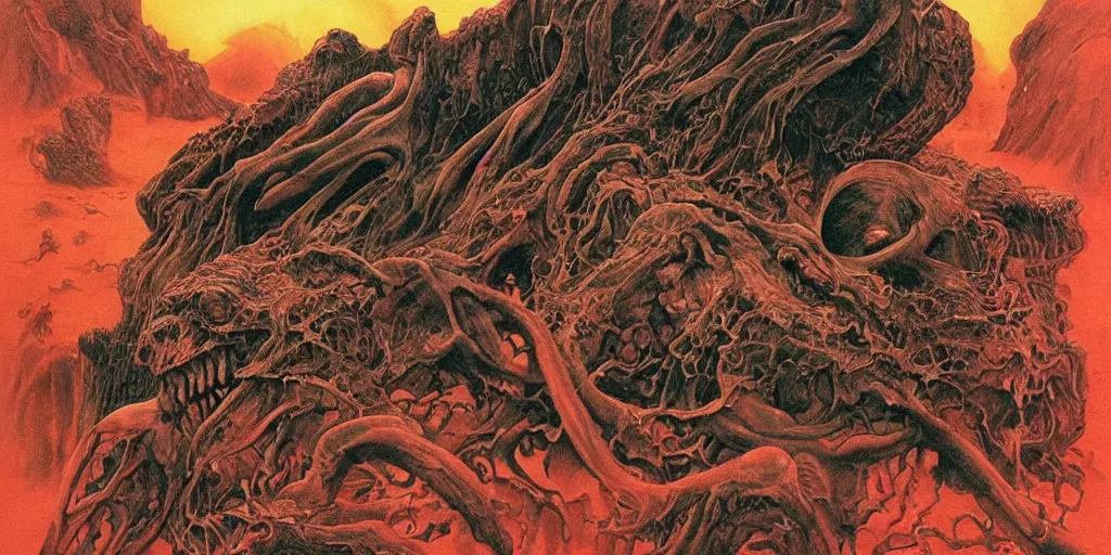 Prompt: visions of hell, fluid, smooth, organic, crazy, bright, colours, tumours, high contrast, sharpness, dramatic, very detailed, intricate, by giger and corben and moebius and beksinski and bosch and bacon