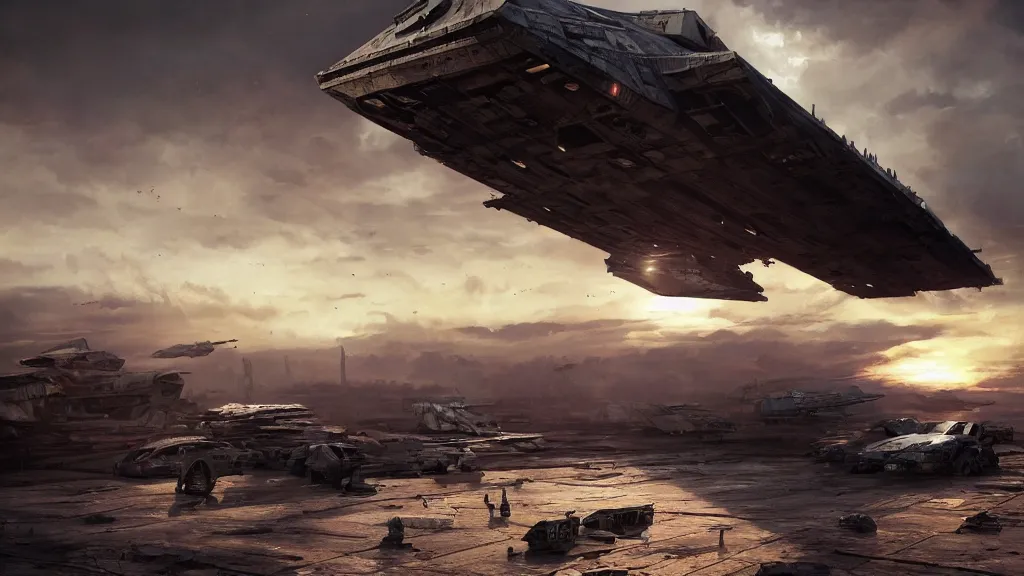 Prompt: a photorealistic hyperrealistic render of a star wars imperial star destroyer landing at a junkyard by greg rutkowski, vitaly bugarov, stephan martiniere, nicolas bouvier sparth, james paick, dramatic moody sunset lighting, long shadows, volumetric, cinematic atmosphere, octane render, artstation, 8 k