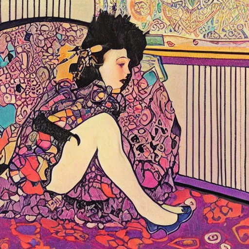 Prompt: rocker goth teen girl with black lace boots laying on her stomach on the floor, writing on a journal. 1970s colorful psychedelic bedroom. Trippy. Mucha. Stylized. Egon schiele