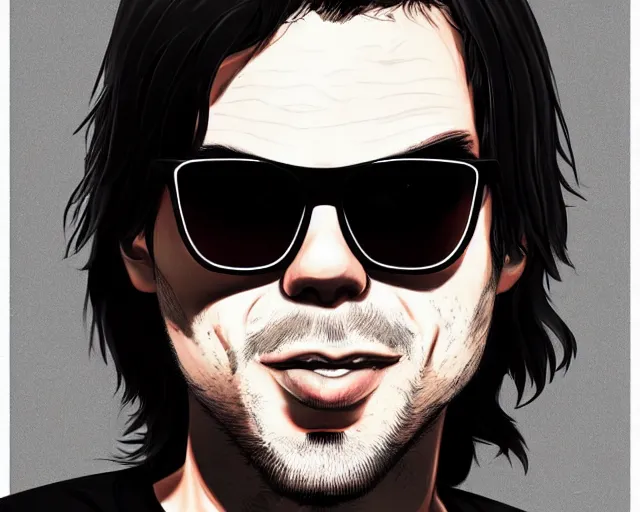 Prompt: Orelsan with sunglasses GTA V loading screen illustration in the style of Stephen Bliss, Orelsan very detailed illustration, Orelsan trending on artstation, Orelsan trending on deviantart, symmetrical face Orelsan