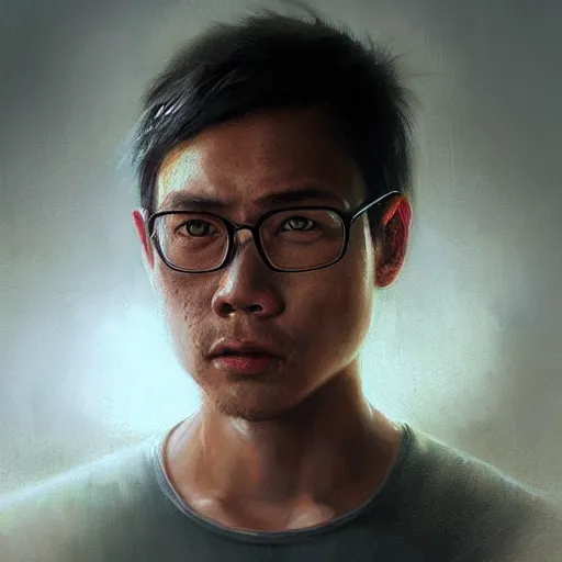 Image similar to hyper realistic, portrait of filipino ( dwight shrute ), painted by greg rutkowski, wlop, loish,