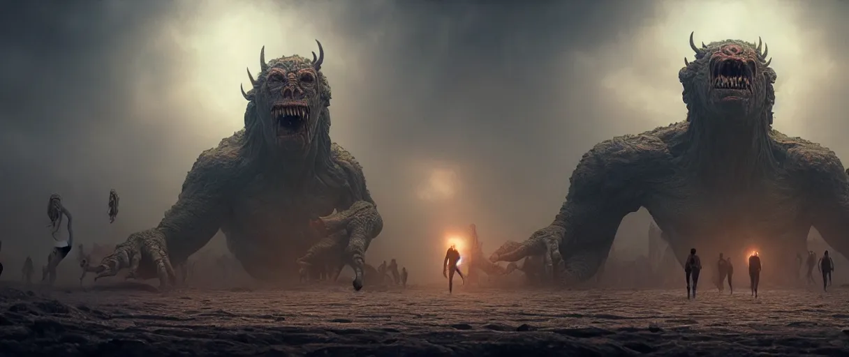 Image similar to people running terrified of the giant monster in the background, high detail, 8k, ornate, dark fantasy, realistic, masterpiece, Trending on art station, complex, WLOP, film still from the movie directed by Denis Villeneuve with art direction by Alex Grey, Greg Rutkowski