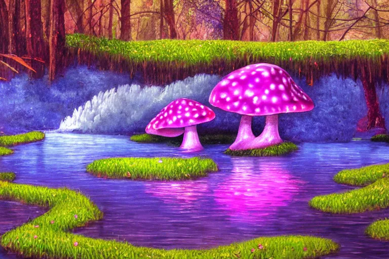 Image similar to a painting of giant mushrooms with next to a small bridge, flowing water, digital art, zangarmarsh, scenic, reds, purples, pink, reflections, blue lighting, glow's in side the mushrooms, complex background, chill,