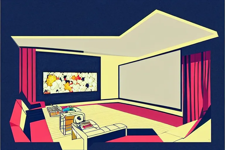 Image similar to a modern home movie theater, sleek, comfortable, stylish decor, popcorn machine, movie posters, designed by kelly wearstler, rough color pencil illustration by conrad roset