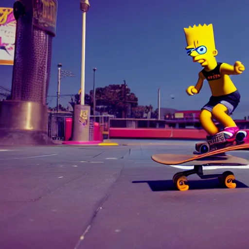 Prompt: (Bart Simpson) skateboarding at a playground, Night City Cyberpunk 2077, muted cyberpunk style, high energy, desolate, atmospheric, hazy, sweltering, autochrome, 8K, 4K, reflections, octane render, unreal engine 5