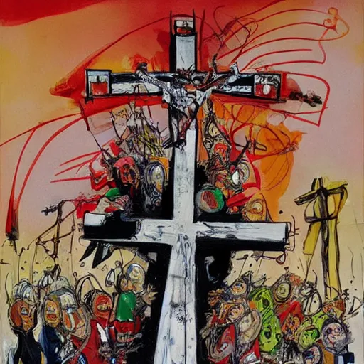 Prompt: a detailed painting titled santa on the cross by gerald scarfe and ralph steadman