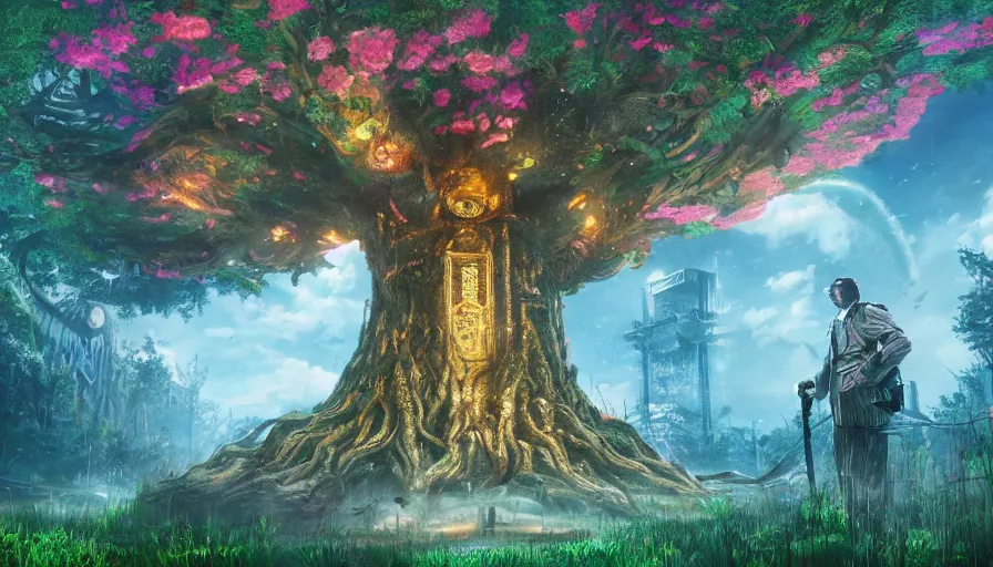 Image similar to ben lo illustration of the largest tree in the world under force field, bioshock concept art, solarpunk, hopeful, colorful, flowers, deity, unreal engine, hyper realism, realistic shading, cinematic composition, realistic render, octane render, detailed textures, photorealistic, wide shot