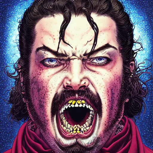 Image similar to portrait of crazy post malone punching, angry, symmetrical, by yoichi hatakenaka, masamune shirow, josan gonzales and dan mumford, ayami kojima, takato yamamoto, barclay shaw, karol bak, yukito kishiro