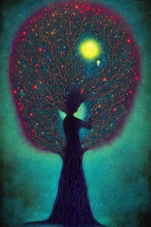 Image similar to surreal neil gaiman's sandman, Dream, magic realism, flowerpunk, mysterious, A tree fades into starry space, vivid colors, by andy kehoe, amanda clarke