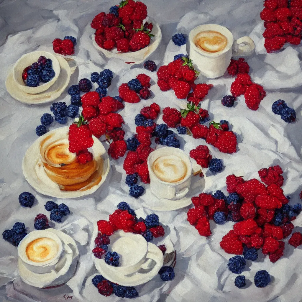 Prompt: berries and coffee cozy breakfast, oil painting