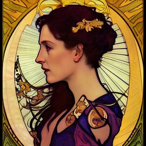 Prompt: gillian anderson portrait by louis - theophile hingre and alphonse mucha, realistic, sharp focus, zodiac signs, tarot cards, planets, ethereal, art nouveau, magic, moon, sun, crown, dreamy, royal, jewellery