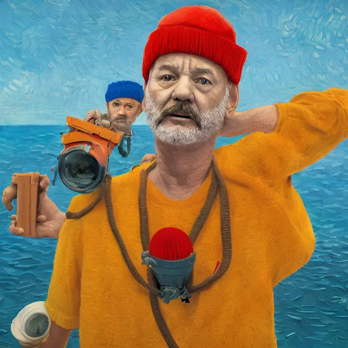 Image similar to portrait of bill murray as steve zissou, painting in the style of Wes Anderson. intricate artwork. by Van Gogh. octane render, trending on artstation, greg rutkowski very coherent symmetrical artwork. cinematic, high detail, octane render, 8k, iridescent accents