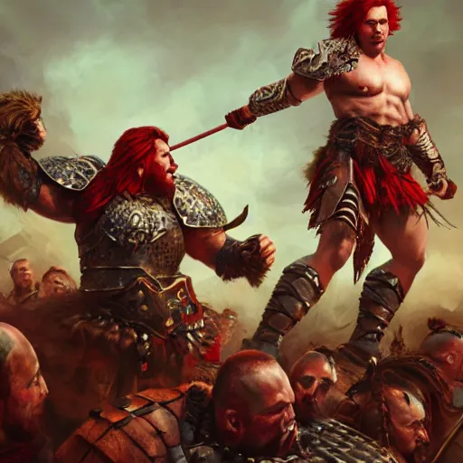 Image similar to bulky muscular scottish warrior with red hair, tribal blood paintings, waist plate armor, 4 k oil on linen by wlop, artgerm, andrei riabovitchev, nuri iyem, james gurney, james jean, greg rutkowski, highly detailed, soft lighting 8 k resolution