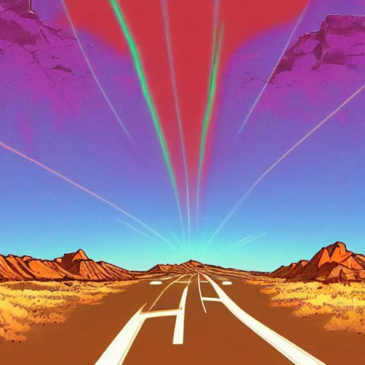 Image similar to !dream Utah desert Highway, retro, desert highway, retro colors, bold colors, drawn by Arthur Adams, 8k, digital art, artstation