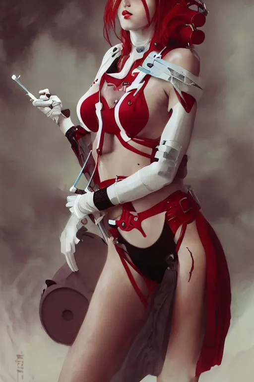 Image similar to covid - 1 9 nurse holding a syringe, wearing nurse bikini armor, black and white and red, cyberpunk, by tom bagshaw and alphonse mucha and atey ghailan and artgerm and and greg rutkowski and hajime soriyama, hyper realistic, octane render, trending on artstation