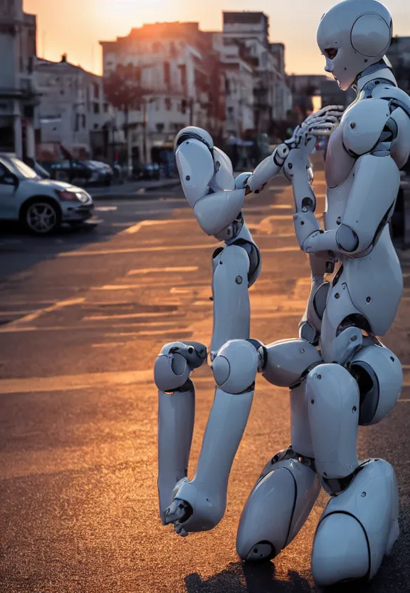 Prompt: a calming photograph of a slender, humanoid robot caresses a beautiful human woman in the face, large shot, wide shot, in a street, sunset photo