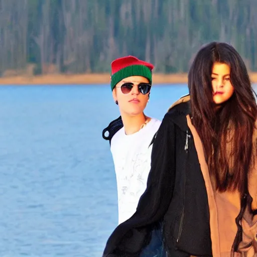 Image similar to justin bieber and selena gomez at a lake during christmas