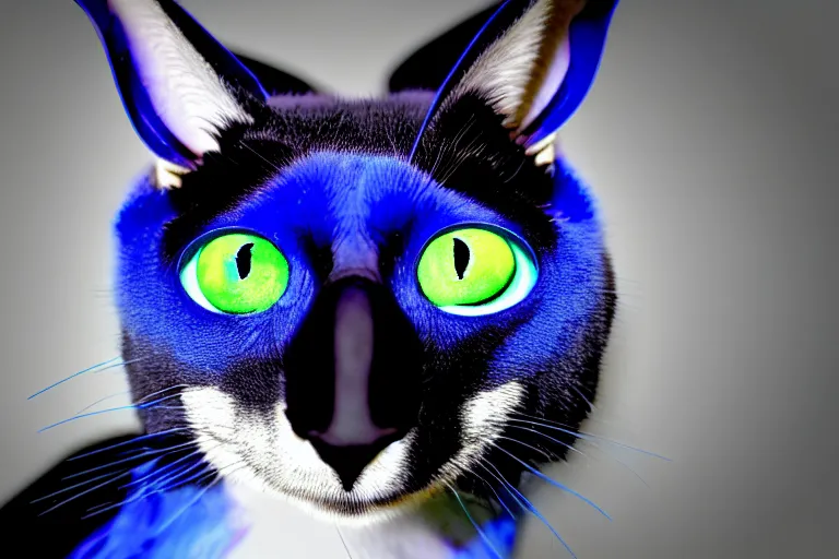 Image similar to a blue - and - black male blue / green heterochromatic catbat fursona with blue / green heterochromatic eyes ( differently - colored eyes, one green, one blue ) and huge bat ears, photo of the catbat streaming on his computer