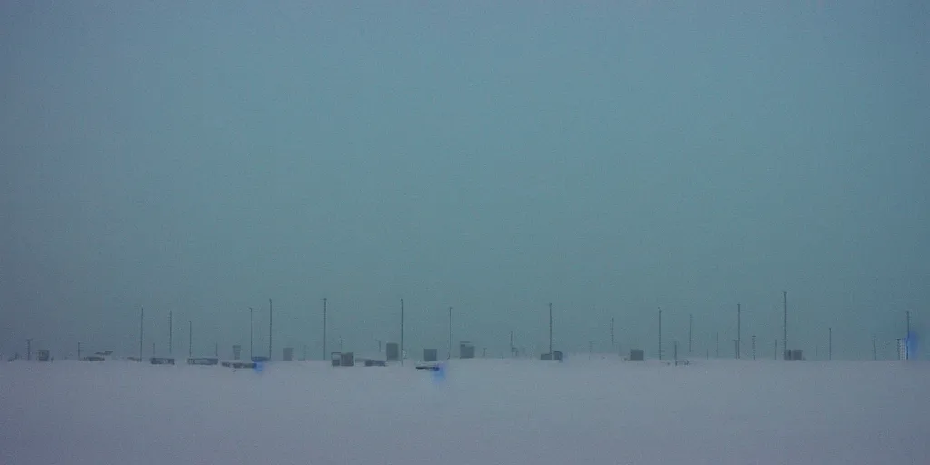 Image similar to photo of mongolian steppe during a snowstorm. three oil derricks in midground. cold color temperature. blue hour morning light, snow storm. hazy atmosphere. humidity haze. kodak ektachrome, greenish expired film, award winning, low contrast.