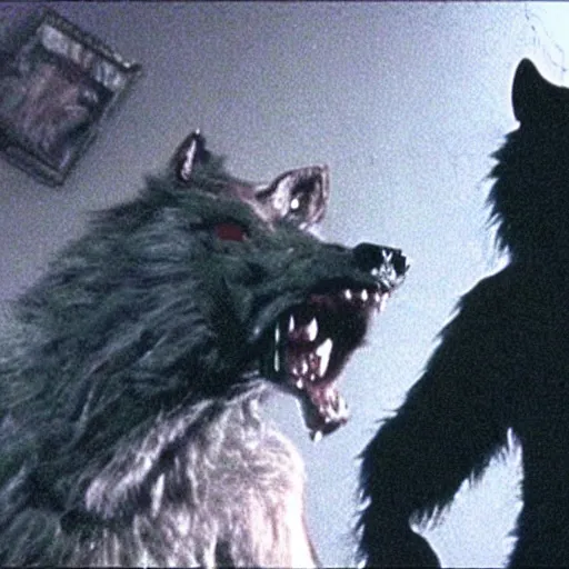 Image similar to film still of a funny looking werewolf with his hand extended in an american werewolf in london