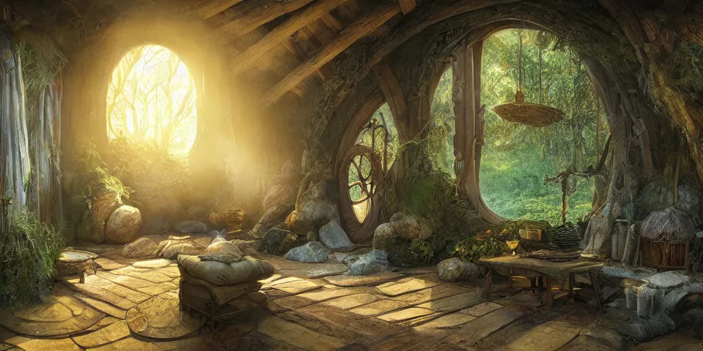 Image similar to Interior of a Hobbit home, golden hour, detailed matte painting, cinematic, Alan Lee, Artstation