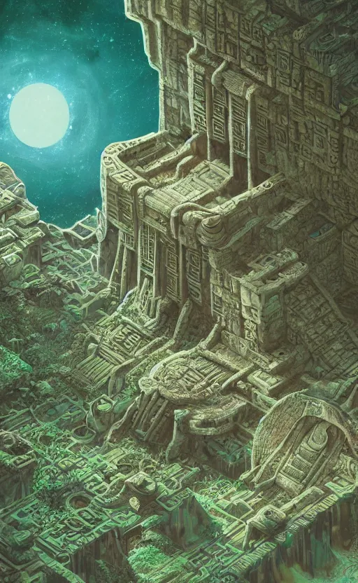 Prompt: a mayan temple in space, microscopic tardigrade, microbiology, flat, ruins, civilization, vegetation, large leaves, futuristic, sharp edges, backlight, risograph, intricate details, disney pixar, james gillard, moebius, print, iridescent, global illumination, anime, game art