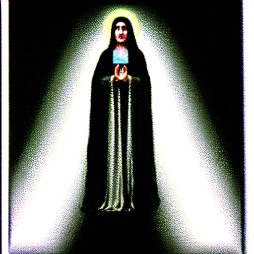 Image similar to vhs static overlay of marian apparition, vhs, 1 9 9 0, highly realistic, highly detailed, vhs noise static, black and white, vhs glitch