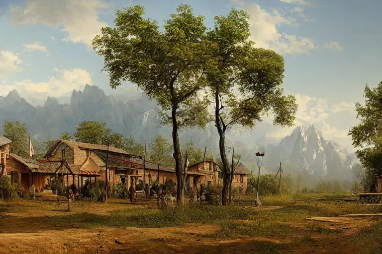 Prompt: A beautiful painting of a rural Westworld village by Ivan Shishkin, matte painting