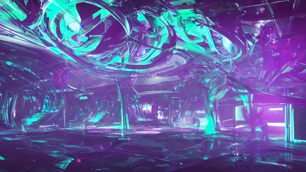 Prompt: sci-fi night club, with exotic female alien gogo dancers standing on platforms, neon lights, fog, smoke and atmosphere, bloom, platforms, faceted shapes, contemporary aesthetic, like concept art on artstation, like zaha hadid