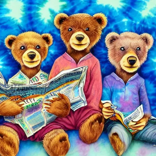 Image similar to 3 bears in tie dye shirts reading newspapers, highly detailed, portrait painting, illustration by scott gustafson
