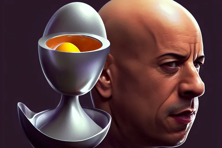 Image similar to egg cup with vin diesel head inside, silver egg cup, head is an egg, hyper detailed, digital art, artstation, cinematic lighting, studio quality, smooth render, by boris vallejo, android jones, artgerm, caravaggio