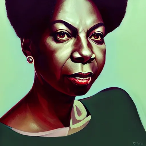 Image similar to of an ultradetailed beautiful portrait panting of nina simone, front view, oil painting, by ilya kuvshinov, greg rutkowski and makoto shinkai