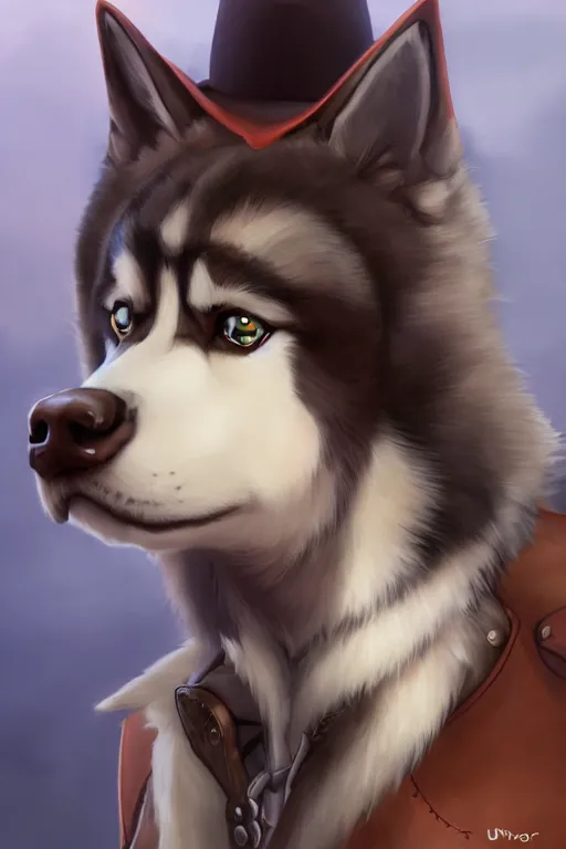 Image similar to a portrait painting of a husky in cowboy costume in the style of anime, [ western film ], [ character design ], humanoid, personify, anthropomorphic, trending on artstation