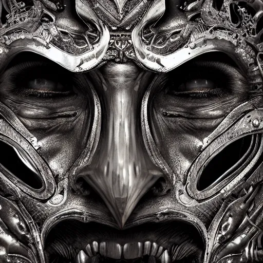 Prompt: Very very very very highly detailed epic zoom out photo of demonic face with venetian mask, intricate, dystopian, sci-fi, extremely detailed, digital painting, artstation, concept art, smooth, sharp focus, illustration, intimidating lighting, incredible art by Anna Dittmann, Anton Pieck, Octane render in Maya and Houdini VFX