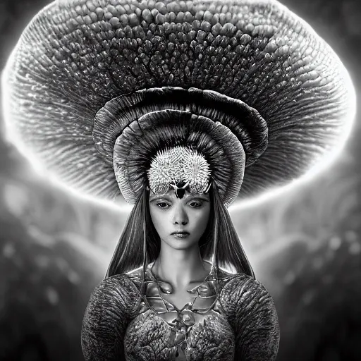 Image similar to mushroom goddess with extremely elegant headdress with group of elders in a ceremony for plant medicine, beautiful, hiroya oku, yoshitaka amano, alex grey, black and white, beautiful lighting, cinematic still, quantum gravity 3 d render, 8 k