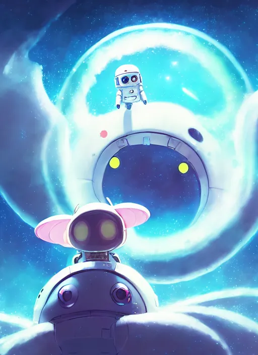 Image similar to portrait of cute kawaii astronaut android floating around a large biomechanical kaiju dragon, nebulous background of dynamic space, a dramatic composition by wlop and greg rutkowski and makoto shinkai and studio ghibli and kyoto animation cute bubbly clothing