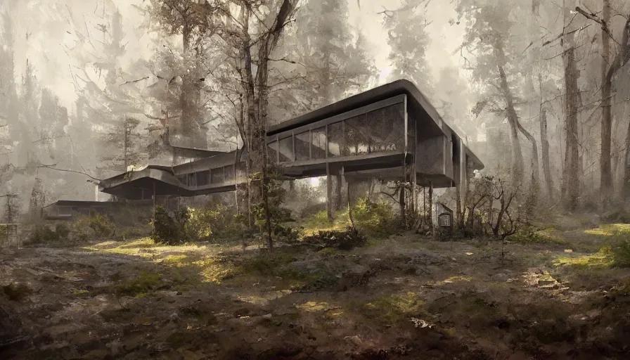 Image similar to brutalist house in the forest, cinematic shot, aaa game concept art oil painting by jama jurabaev, extremely detailed, brush hard, artstation, high quality, brush stroke