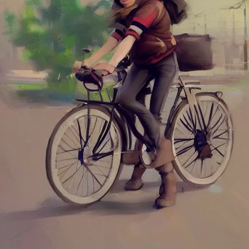 Image similar to Expressive painting of girl riding a bicycle, digital art by Krenz Cushart, trending on artstation