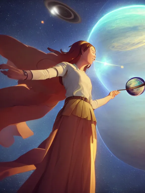 Image similar to a godly, wise, powerful giant girl wearing a skirt in space holding a model of a Saturn in her left hand. Soft lighting, cosmic skies, stunning, 8K, no planets, octane render. By Makoto Shinkai, Stanley Artgerm Lau, WLOP, Rossdraws, James Jean, Andrei Riabovitchev, Marc Simonetti, krenz cushart, Sakimichan, D&D trending on ArtStation, digital art.