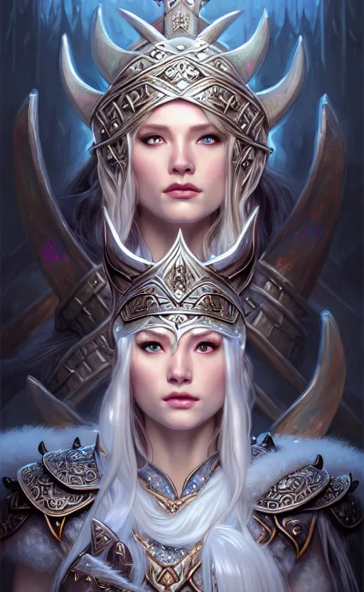 Image similar to opal viking warrior, regal, elegant, winter, snow, beautiful, stunning, hd, illustration, epic, d & d, fantasy, intricate, elegant, highly detailed, wide angle, digital painting, artstation, concept art, smooth, sharp focus, illustration, wallpaper, art by artgerm and greg rutkowski and alphonse mucha and jin xiaodi