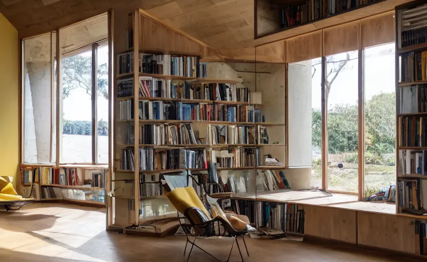Prompt: interior desing magazine photo of a big window with a wooden frame to sit on, some sandy yellow pillows, there are books and plants on a integrated shelf, great architecture, ambient light, 8k