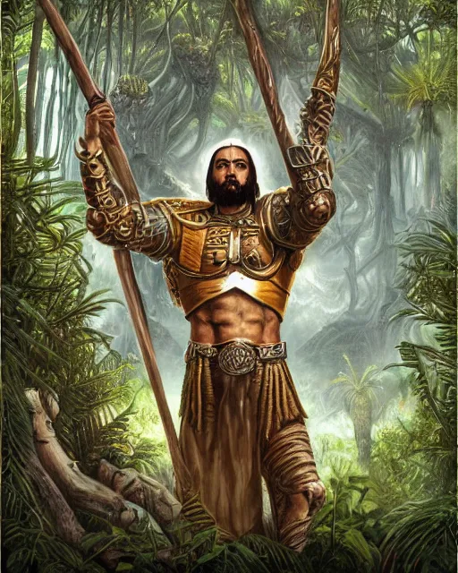 Image similar to ultrarealistic illustration of conquistador, symmetrical, by daniel zrom and nicola saviori, jungle background, detailed