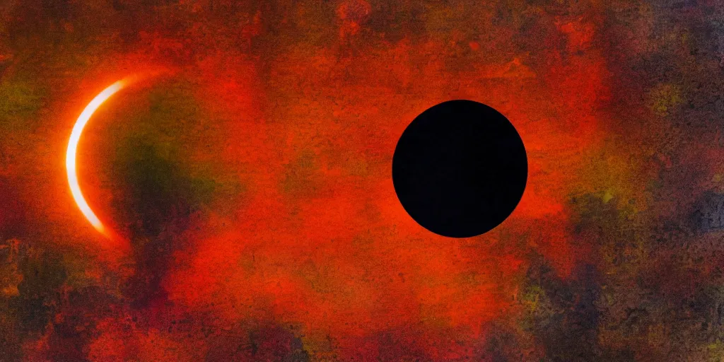 Prompt: a solar eclipse in the sky above ancient babylon, the city is on fire, silhouette of a single observer in the foreground, thick impasto paint, double exposure, Chromatic Aberration