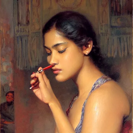 Image similar to detailed portrait of sri lankan girl smoking joint, girl graceful, eyes closed, painting by gaston bussiere, craig mullins, j. c. leyendecker