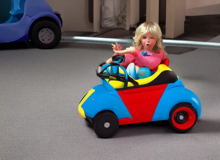 Image similar to the ultimate warrior driving a little tikes cozy coupe, movie still, from the new fast and furious movie, 8 k, realistic