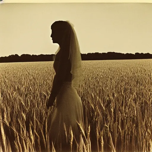 Prompt: the lonely bride in the wheat field at night, southern gothic, photograph by diane arbus, bayou