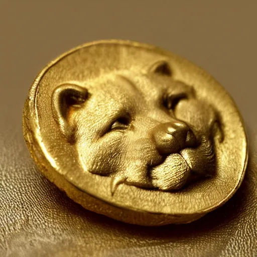 Prompt: an ancient roman gold coin with the face of a shiba inu, close up photo, ultra realistic, studio photo, bokeh.