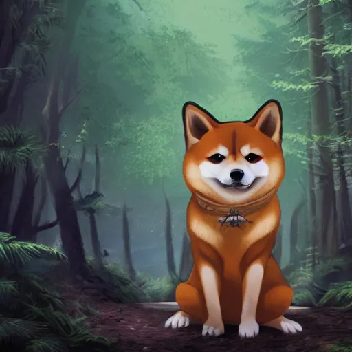 Prompt: anthropomorphic shiba inu mage travels through a forest, cinematic lighting, Fantasy Art