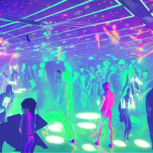 Image similar to cartoon, vaporwave, people communicating with each other in groups of ten, a large hall, dim painterly lighting volumetric aquatics, disco party