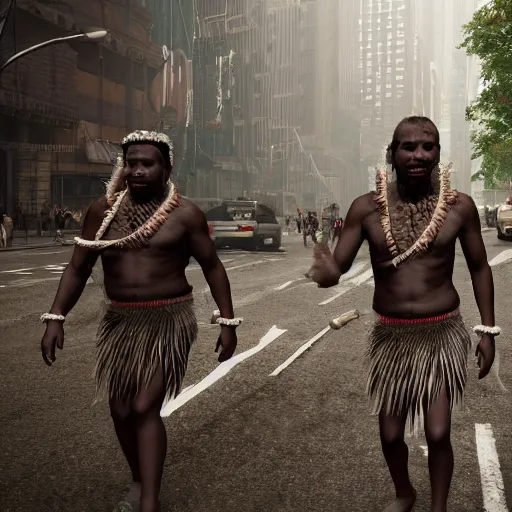 Image similar to detailed 4 k photorealistic papuan tribe walk in detailed new york in the style of nick ut and eddie adams and margaret bourke and yousuf karshs and alfred eisenstaedt